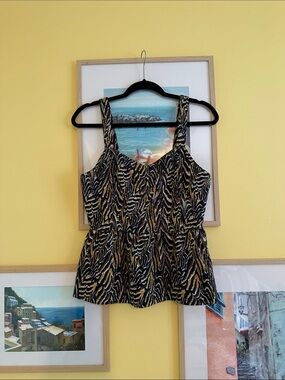 Anthropologie Black and Gold Zebra-Print Peplum Tank